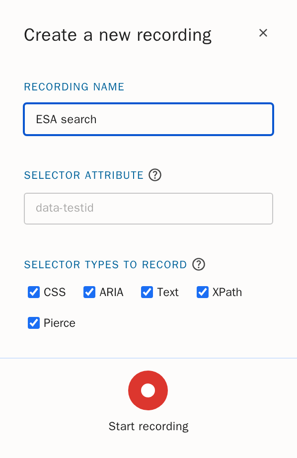 The Create a new recording form: recording name ESA search, selector attribute, selector types, Start recording