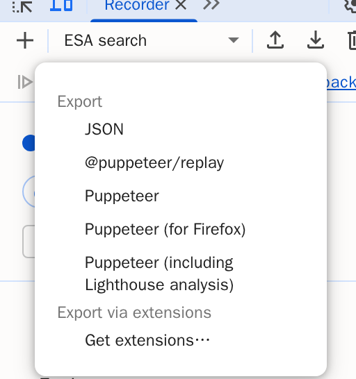The Export menu of the Recorder panel with JSON