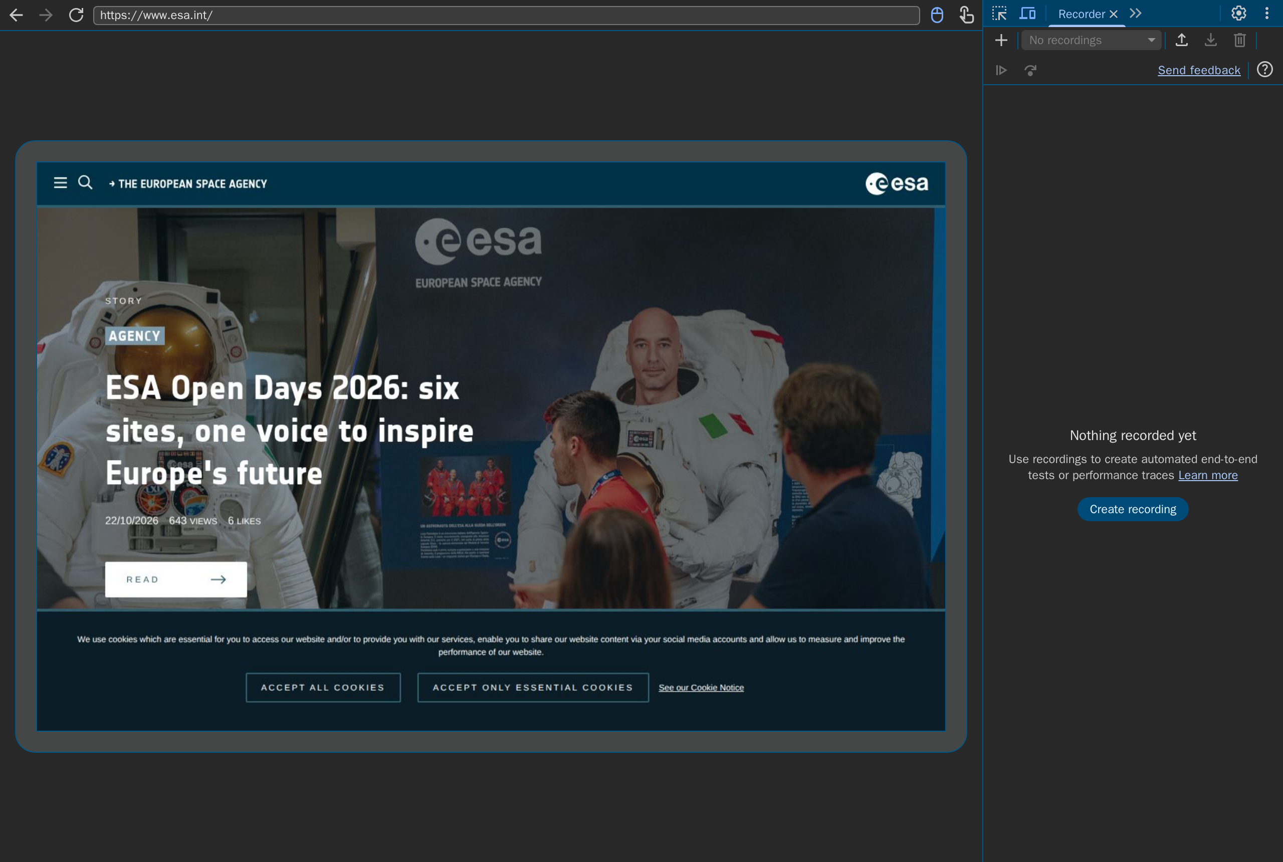 Chrome DevTools docked next to www.esa.int, with the Recorder panel open and no recording yet