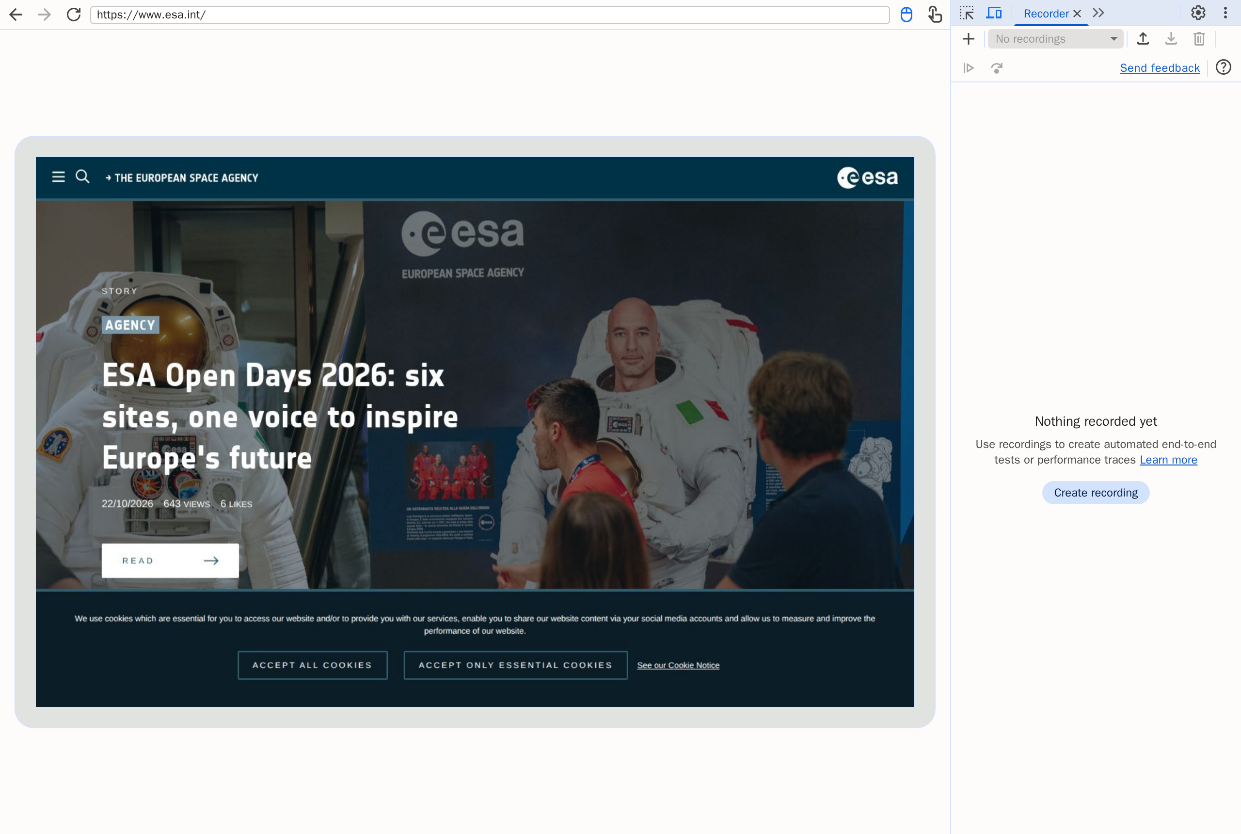 Chrome DevTools docked next to www.esa.int, with the Recorder panel open and no recording yet