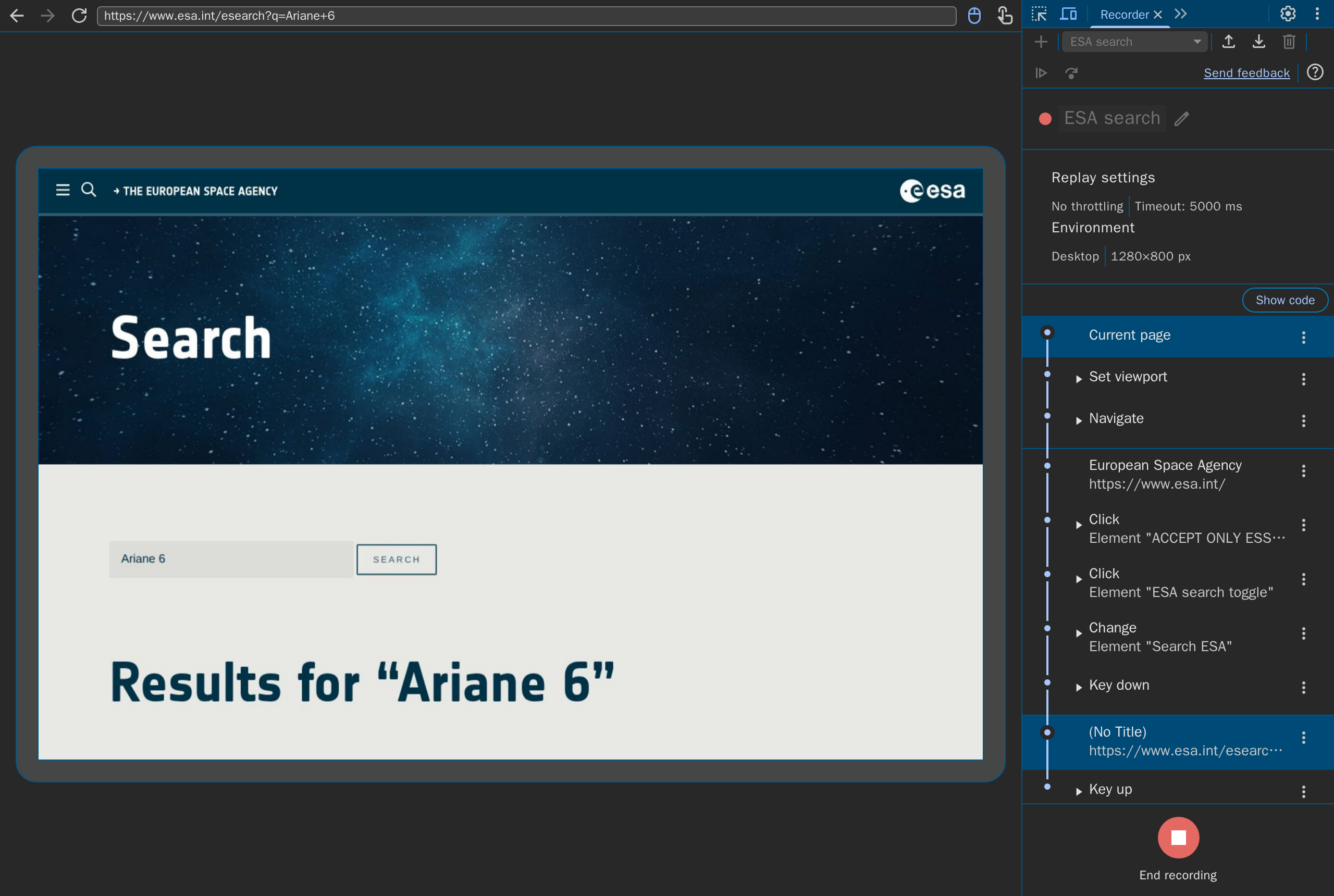 Recording: the search results for Ariane 6 on www.esa.int, the recorded steps in the panel and End recording