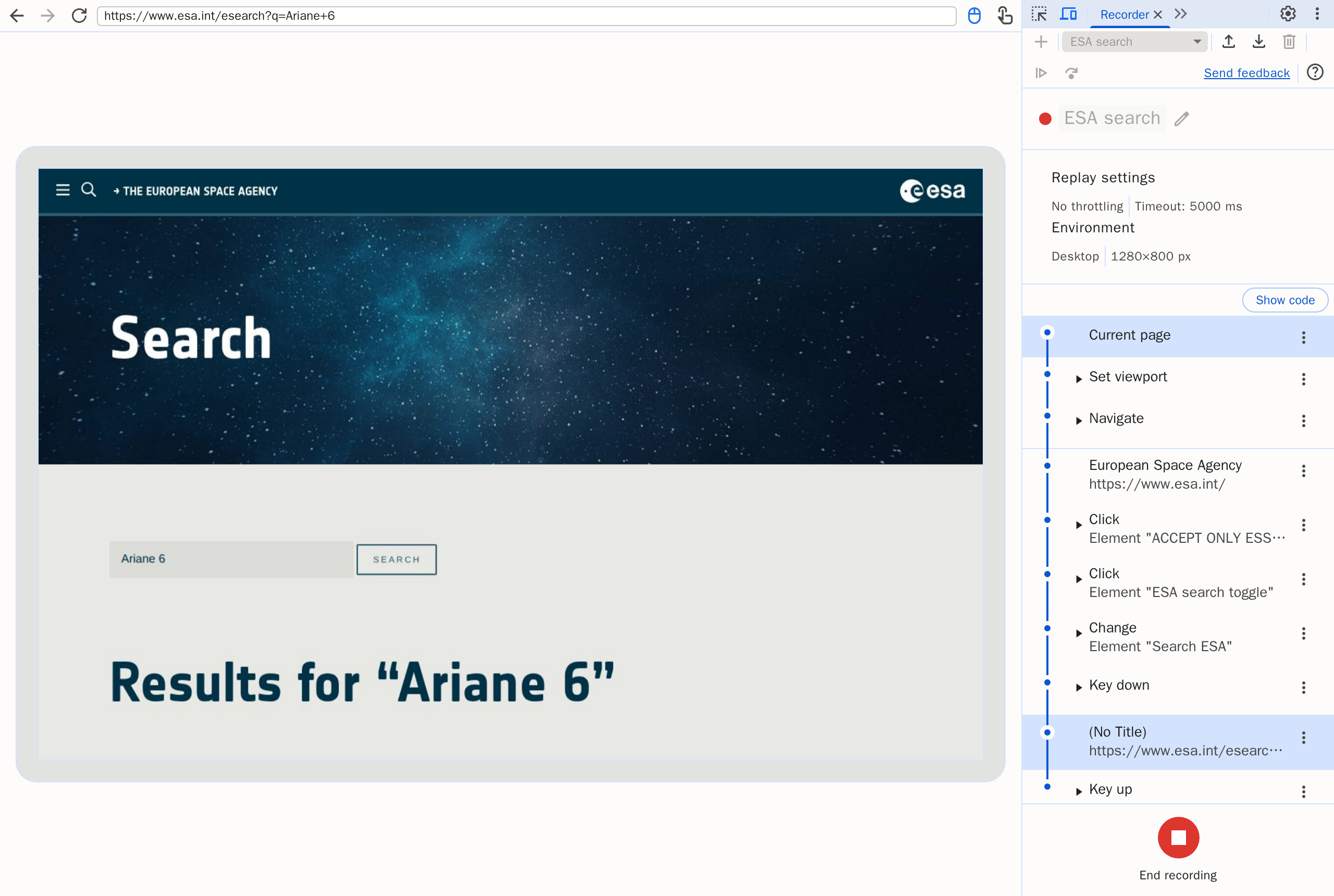 Recording: the search results for Ariane 6 on www.esa.int, the recorded steps in the panel and End recording