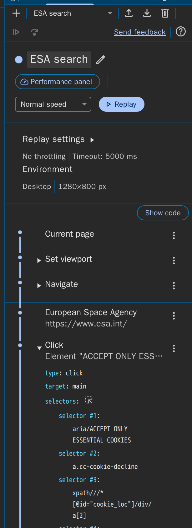 The finished recording ESA search: the recorded steps, the first click unfolded with its selectors, and the Export button