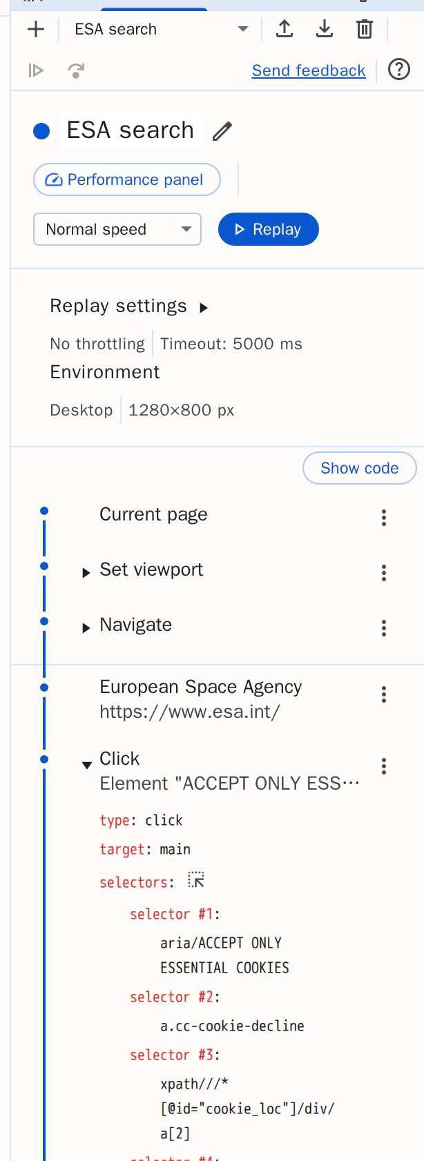 The finished recording ESA search: the recorded steps, the first click unfolded with its selectors, and the Export button