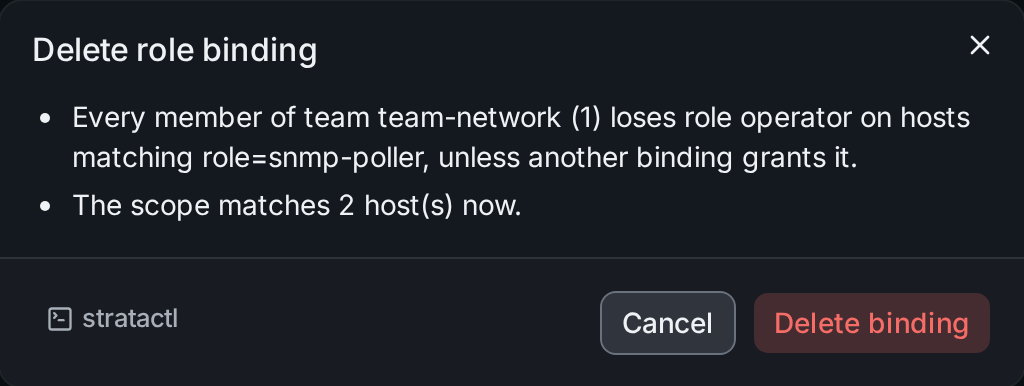 Deleting the operator binding of team-network on the hosts with role=snmp-poller, with its consequences