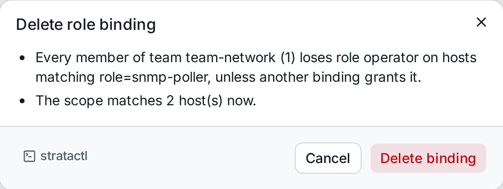 Deleting the operator binding of team-network on the hosts with role=snmp-poller, with its consequences