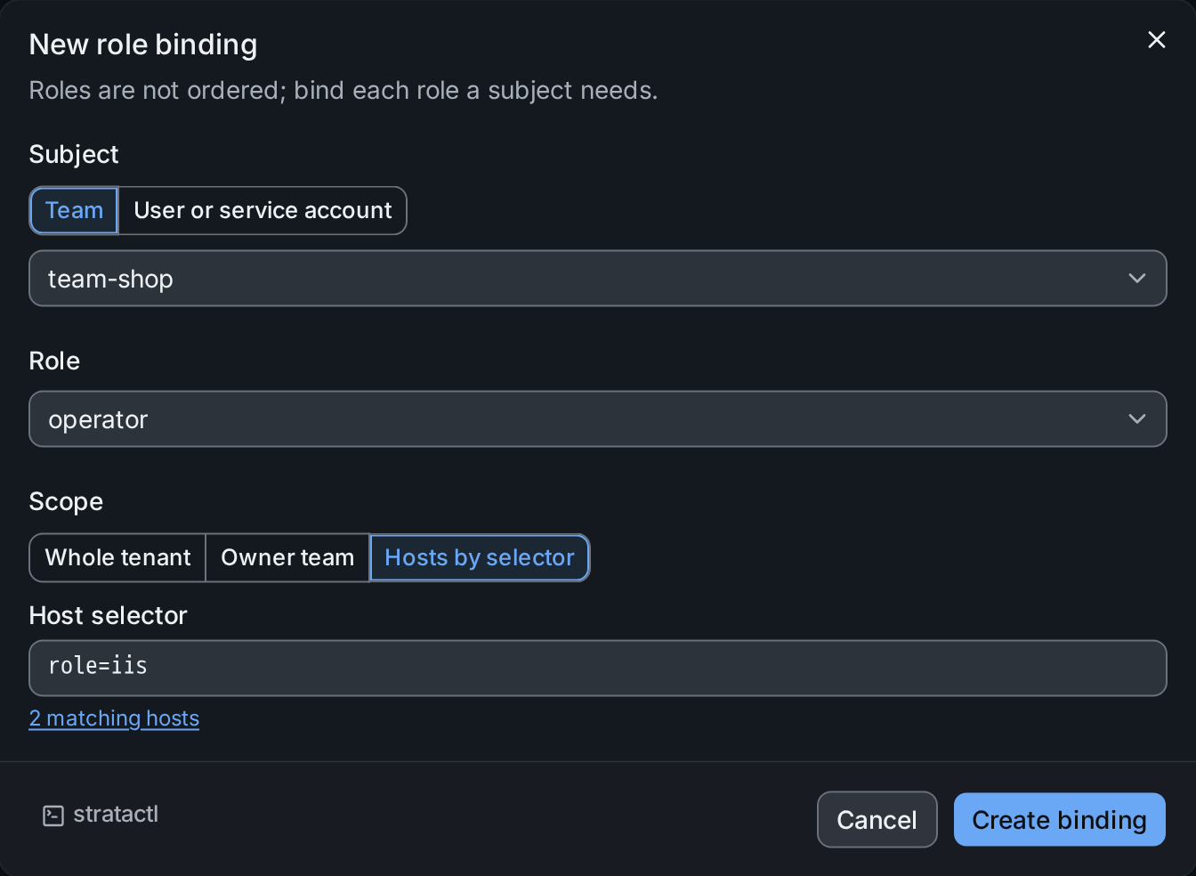 The New role binding dialog: team-shop as subject, role operator, scoped to the hosts matching role=iis