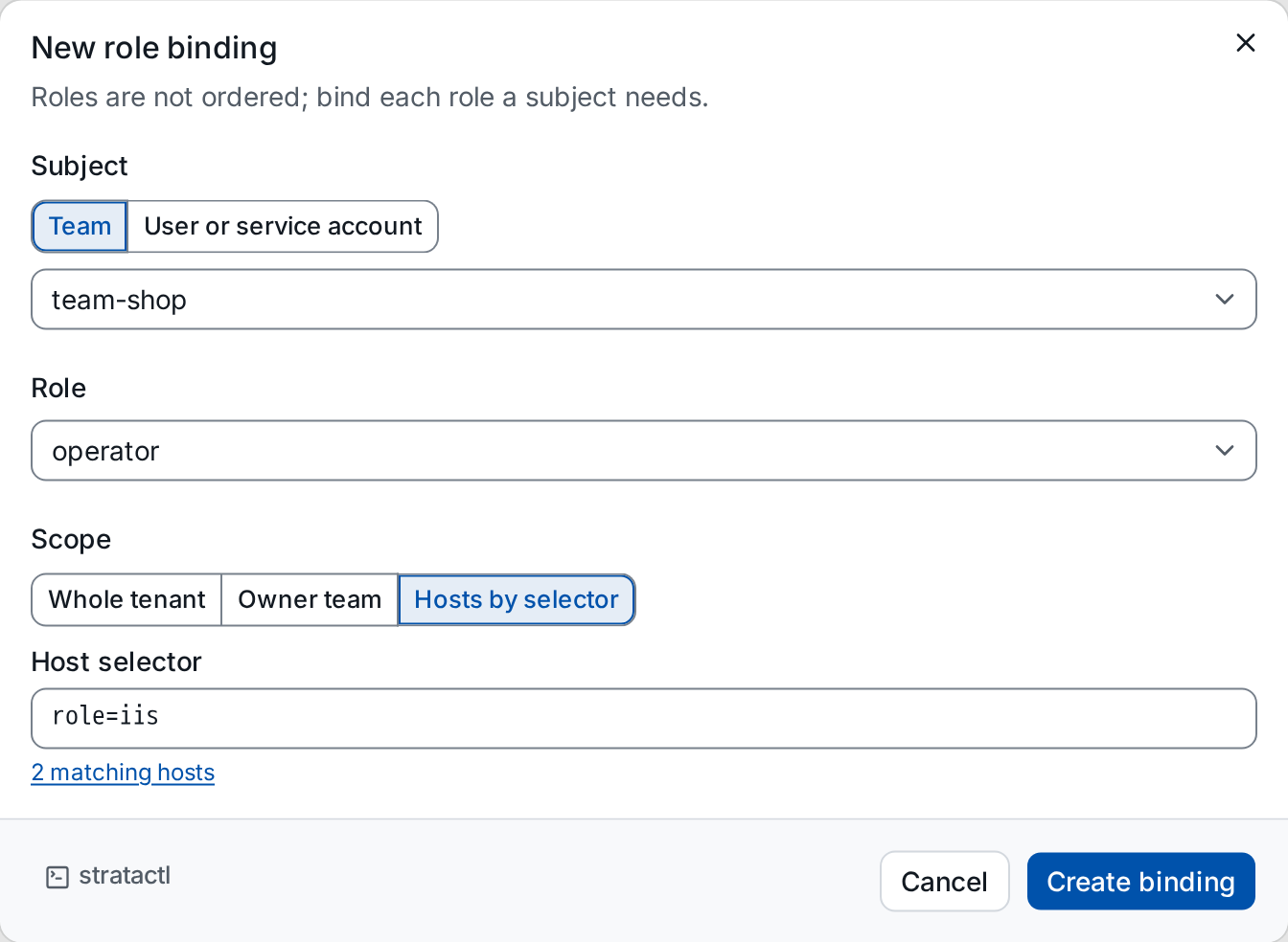 The New role binding dialog: team-shop as subject, role operator, scoped to the hosts matching role=iis