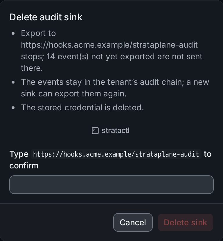 Deleting the webhook sink: the consequences and the URL to type