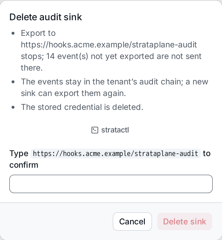 Deleting the webhook sink: the consequences and the URL to type