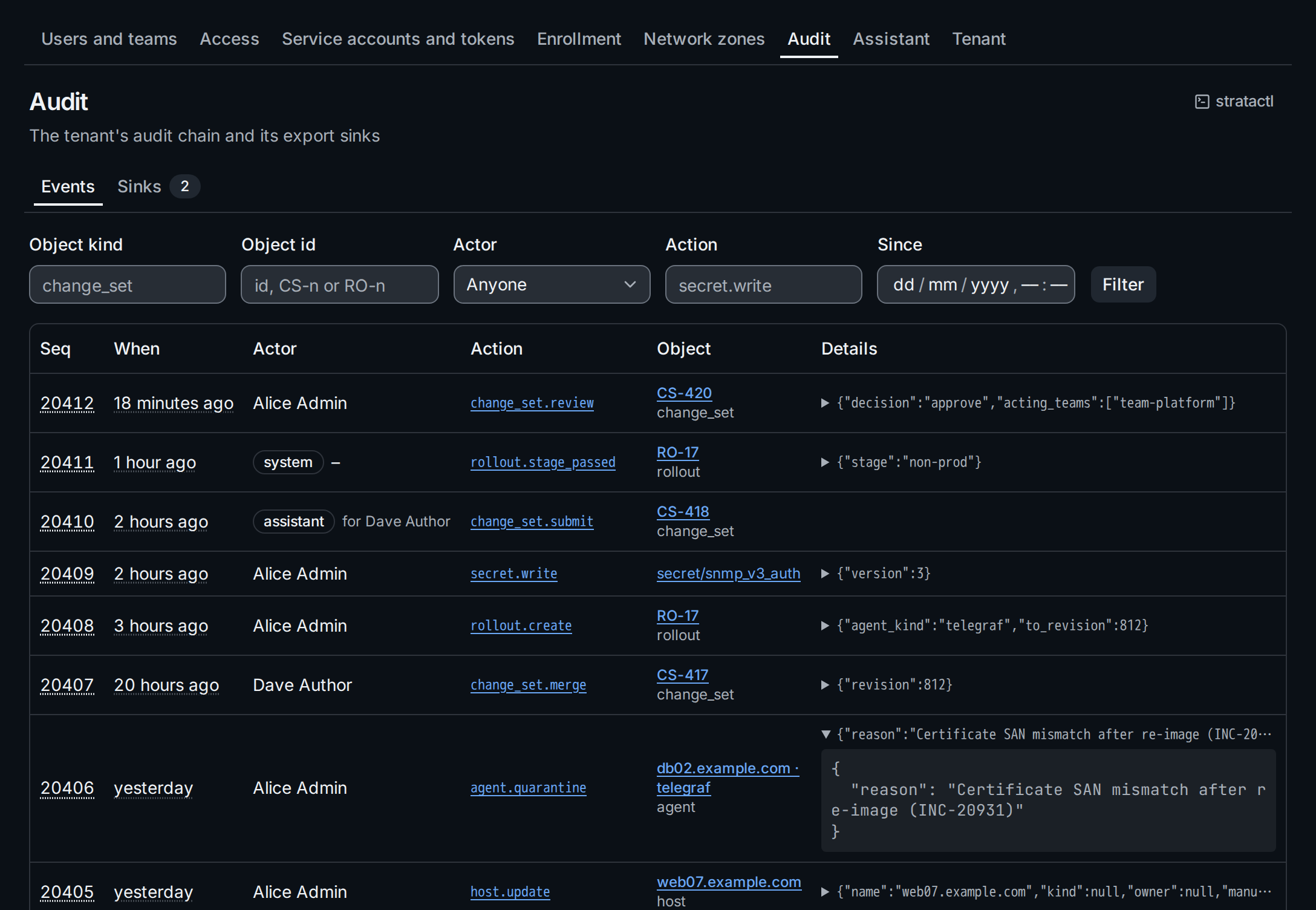 The Events tab of the Audit page: filters, events with their actor, action and the object named and linked, one event with its details unfolded