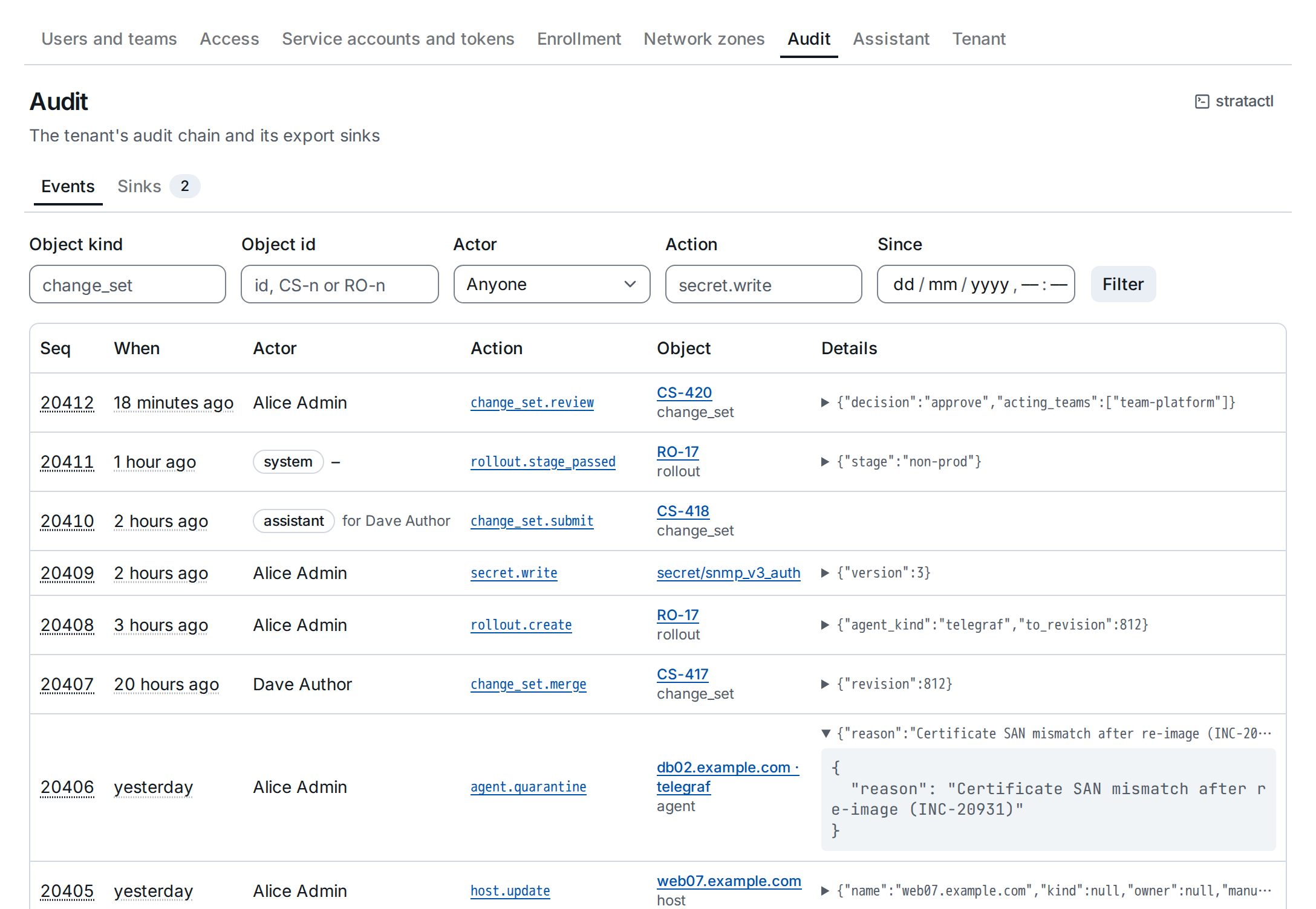 The Events tab of the Audit page: filters, events with their actor, action and the object named and linked, one event with its details unfolded