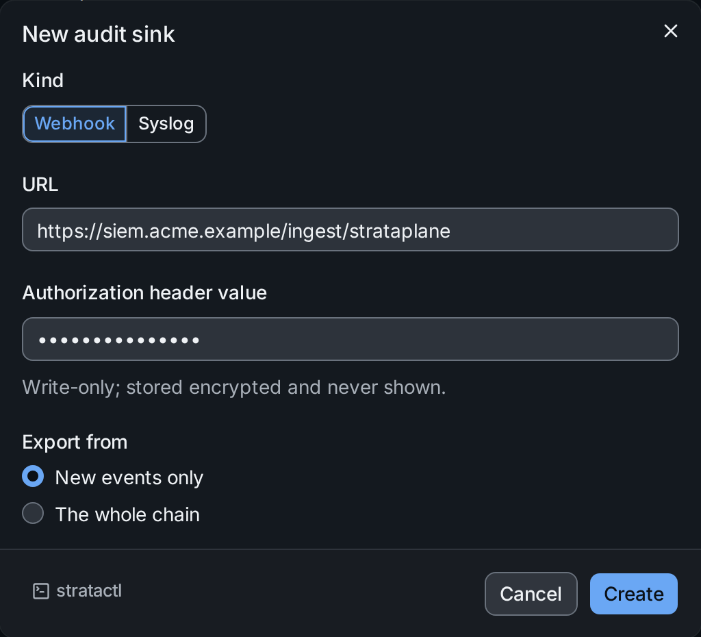 The New audit sink dialog for a webhook with its URL, the write-only Authorization header value and where the export starts