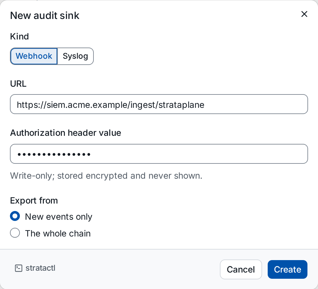 The New audit sink dialog for a webhook with its URL, the write-only Authorization header value and where the export starts