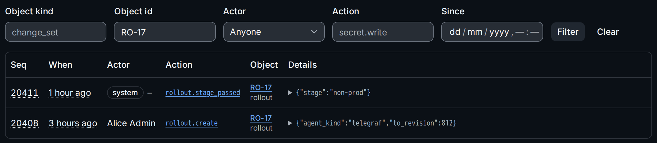 The audit events of rollout RO-17
