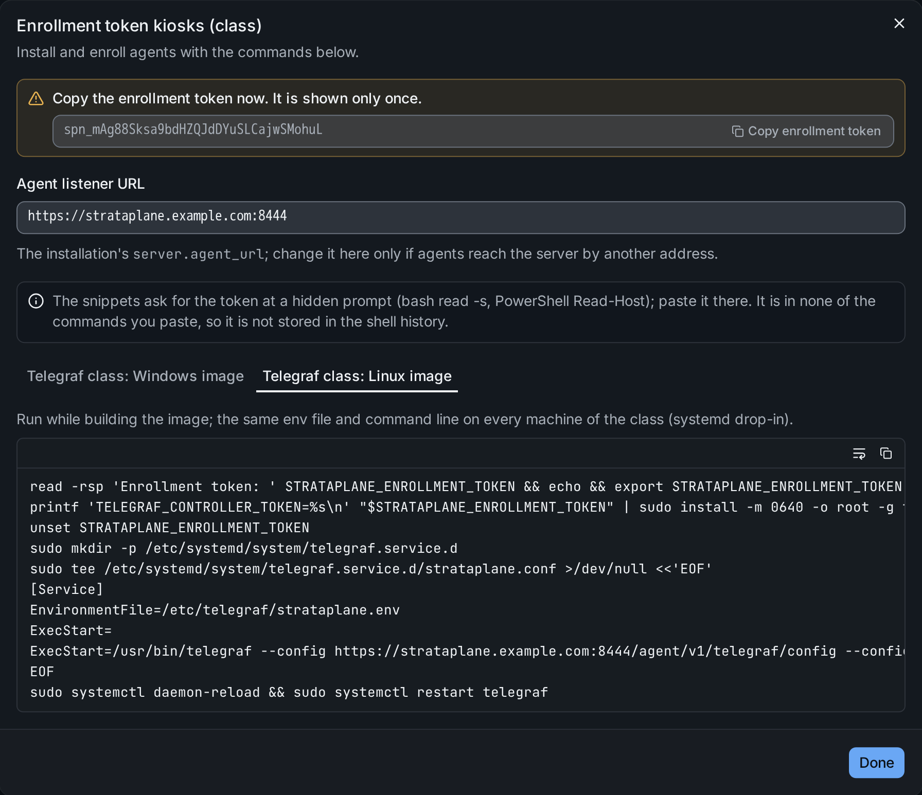 A created class-mode token with the Telegraf class snippets for a Windows and a Linux image
