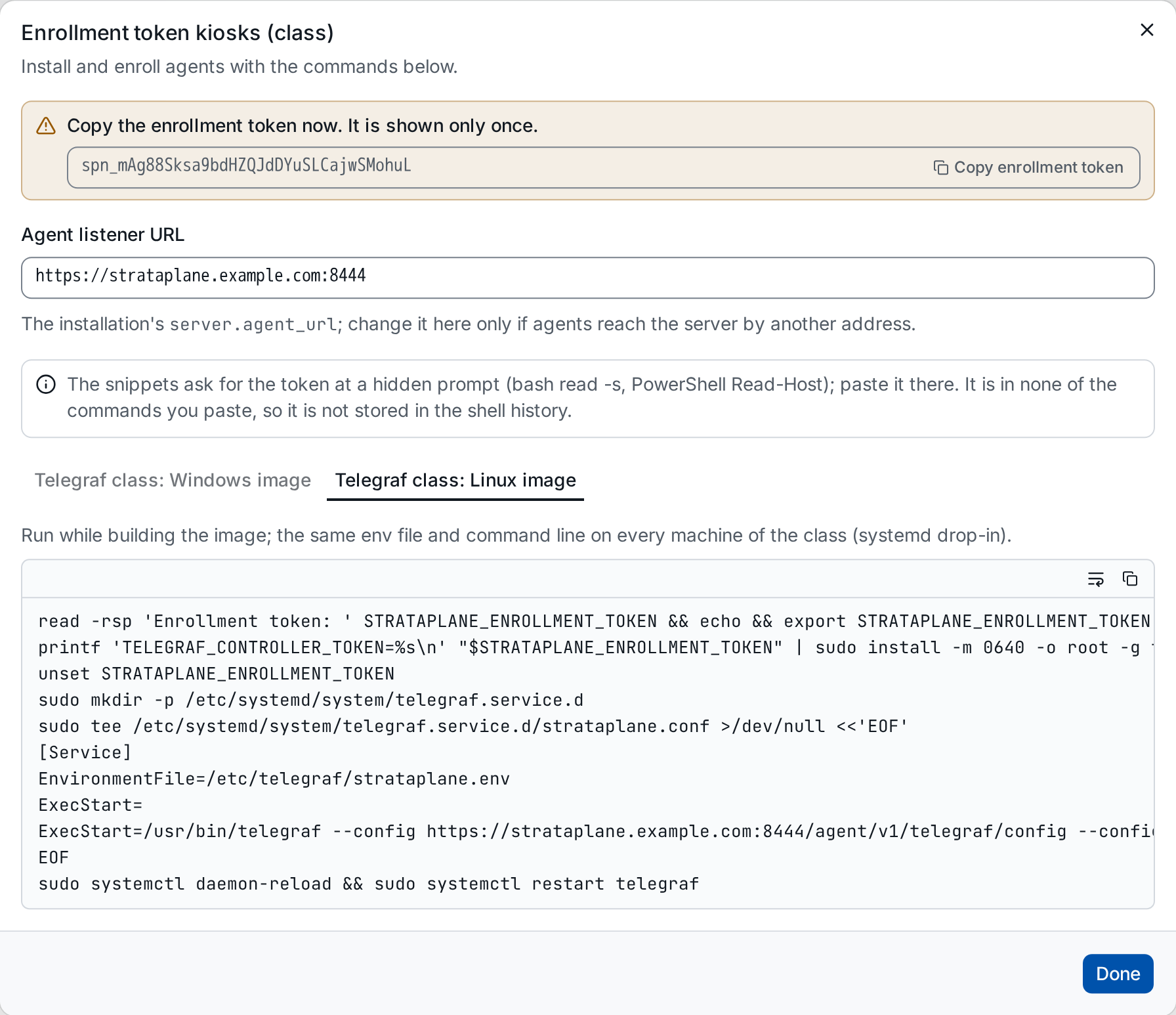 A created class-mode token with the Telegraf class snippets for a Windows and a Linux image