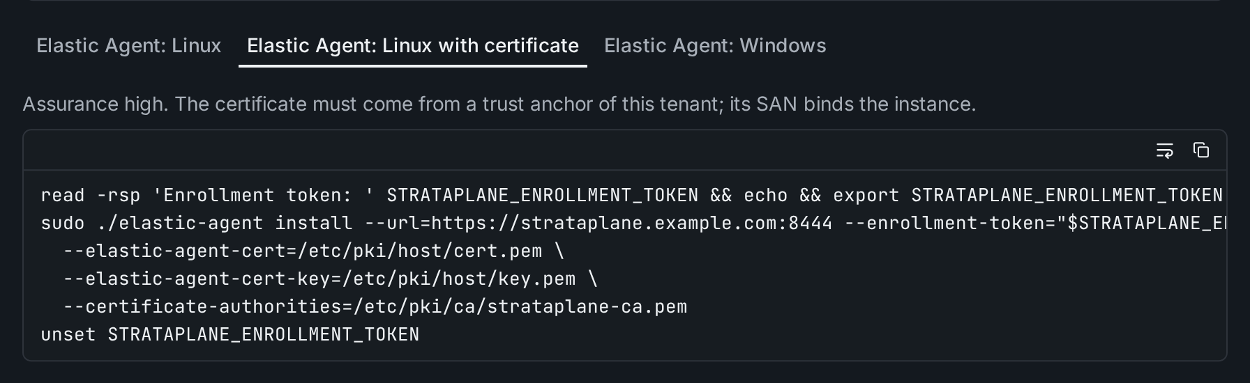 The install snippets of an Elastic Agent enrollment token: Linux, Linux with certificate, Windows