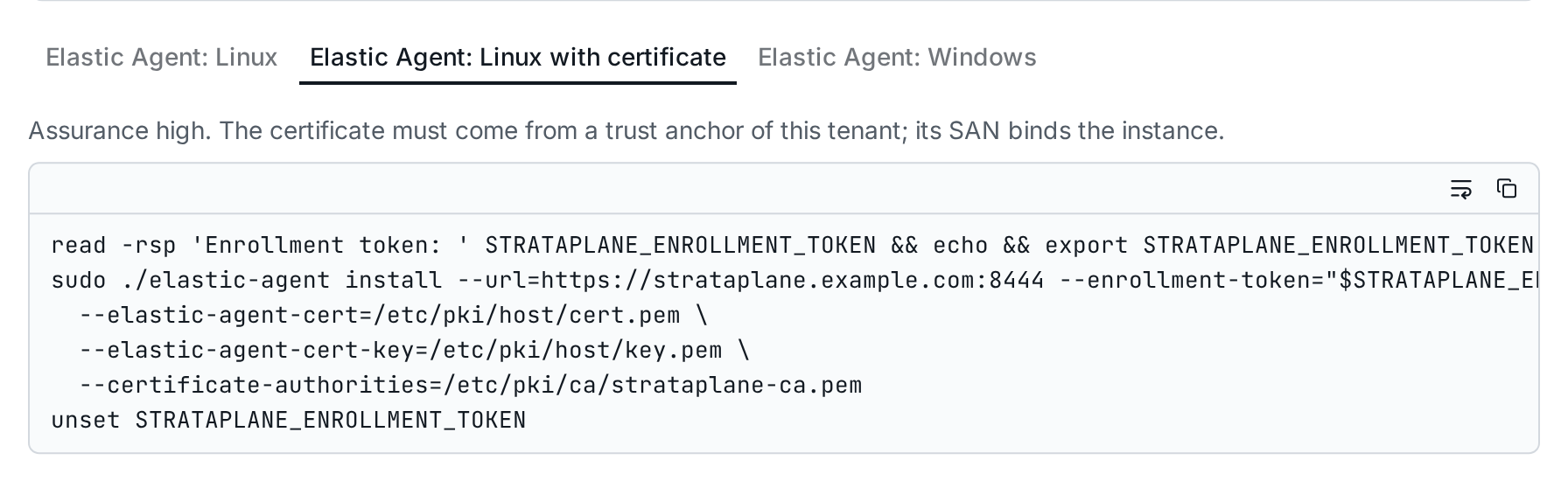 The install snippets of an Elastic Agent enrollment token: Linux, Linux with certificate, Windows