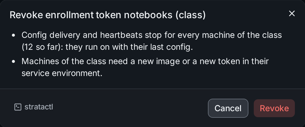The confirmation of revoking the class token notebooks (class): delivery stops for every machine of the class