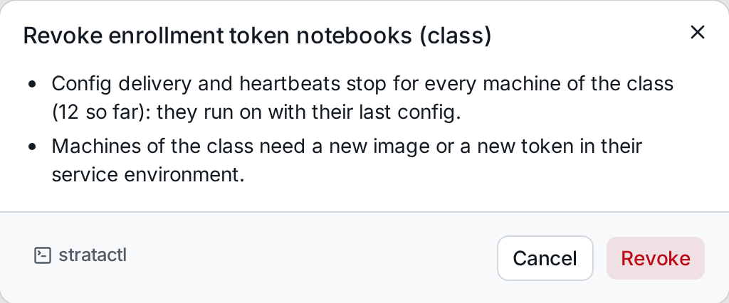 The confirmation of revoking the class token notebooks (class): delivery stops for every machine of the class
