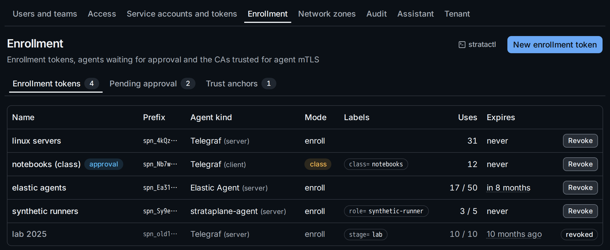 The enrollment tokens with agent kind, mode, labels, uses and expiry, and the tabs for pending agents and trust anchors