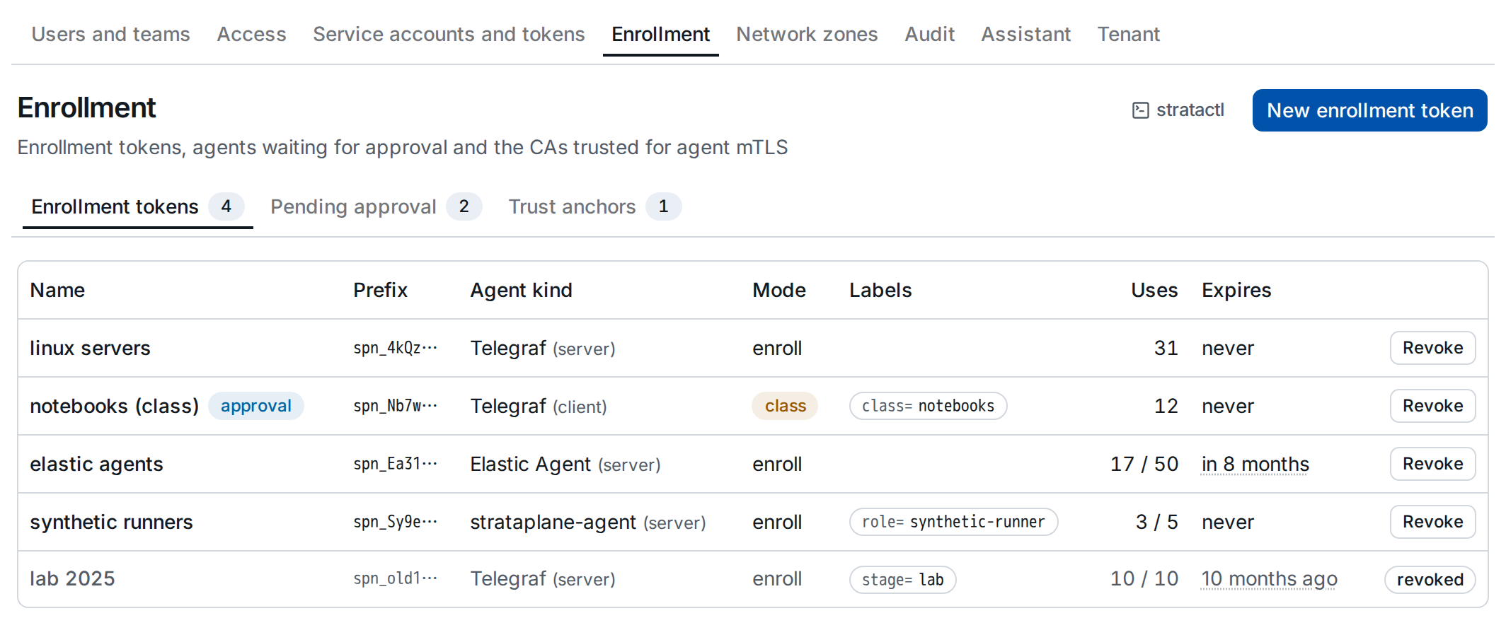 The enrollment tokens with agent kind, mode, labels, uses and expiry, and the tabs for pending agents and trust anchors