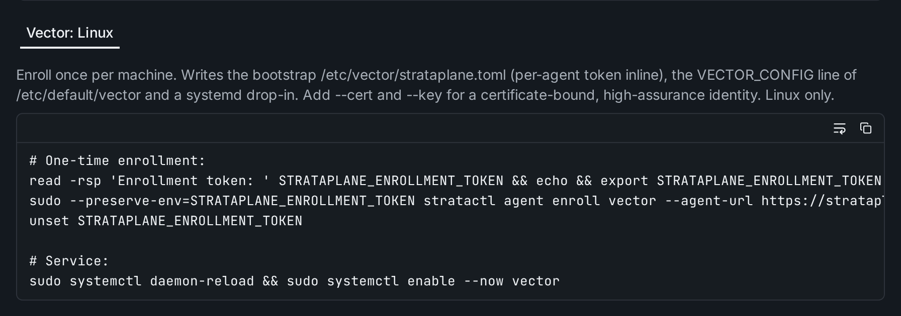 The install snippet of a Vector enrollment token