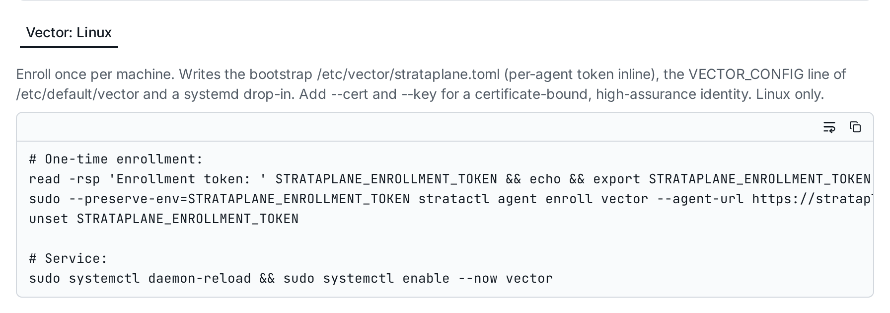 The install snippet of a Vector enrollment token