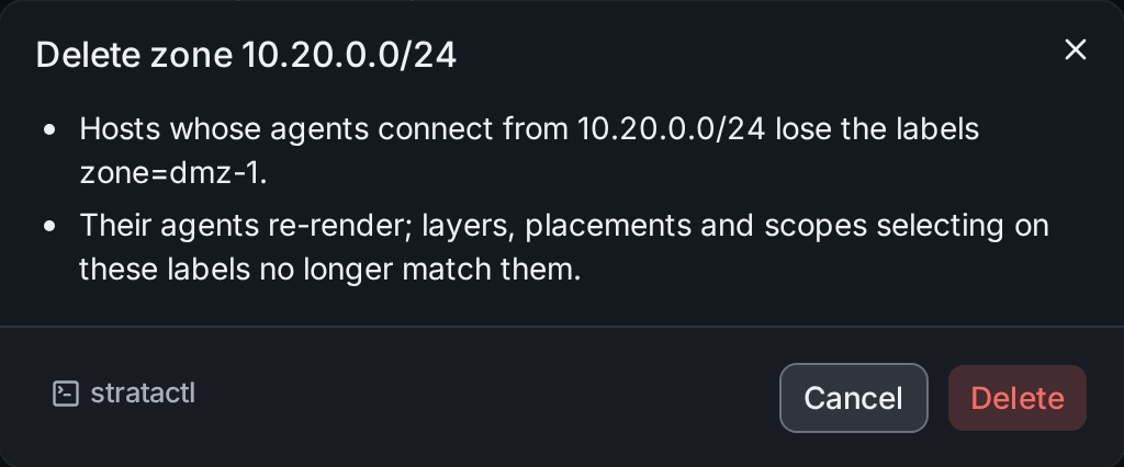The confirmation of deleting the zone 10.20.0.0/24 with the labels its hosts lose