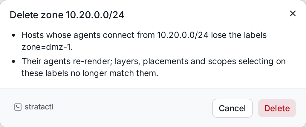 The confirmation of deleting the zone 10.20.0.0/24 with the labels its hosts lose