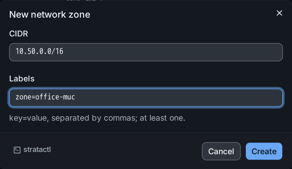 The New network zone dialog with a CIDR and its labels