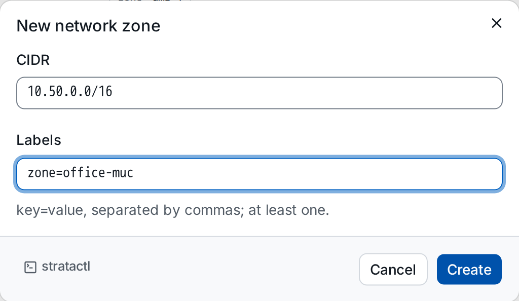 The New network zone dialog with a CIDR and its labels