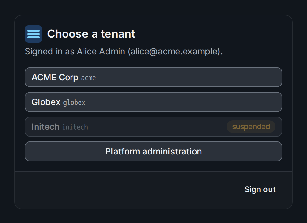 The tenant choice after signing in: the tenants of the user, one of them suspended, and Platform administration