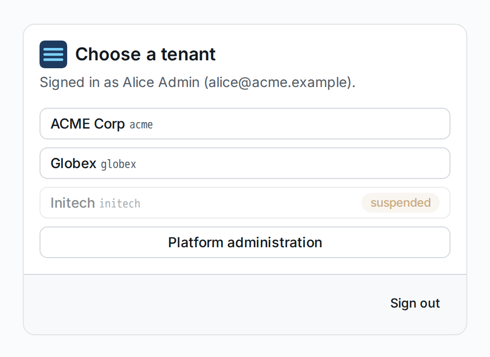 The tenant choice after signing in: the tenants of the user, one of them suspended, and Platform administration