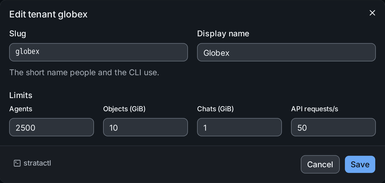 Editing tenant globex: slug, display name and limits