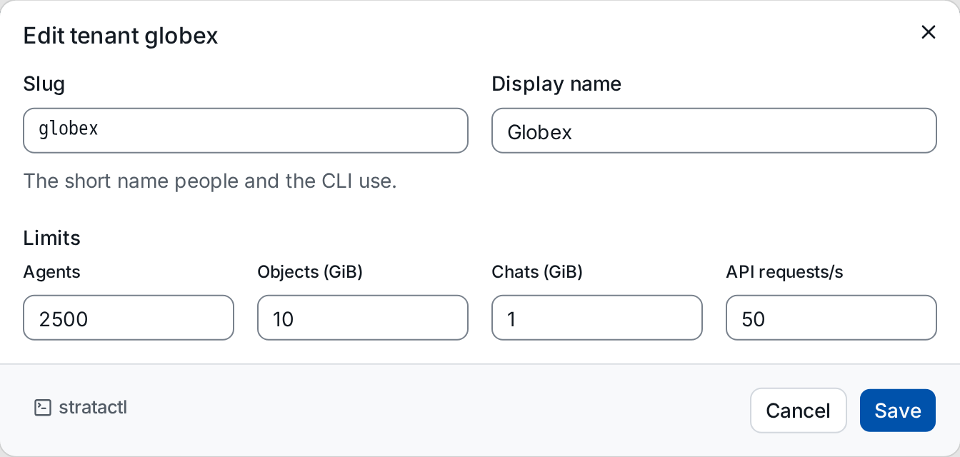 Editing tenant globex: slug, display name and limits