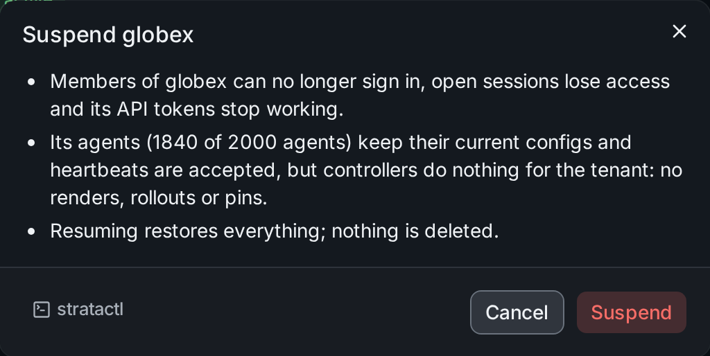Suspending tenant globex: what happens to its members, tokens and agents