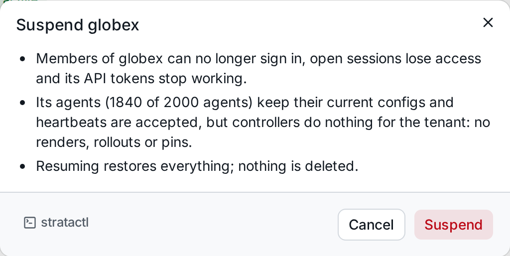 Suspending tenant globex: what happens to its members, tokens and agents