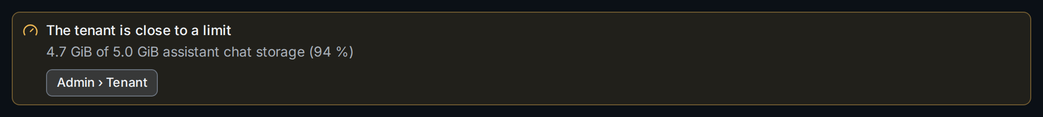 The usage banner above the agents list: assistant chat storage at 94 %, with a link to Admin › Tenant