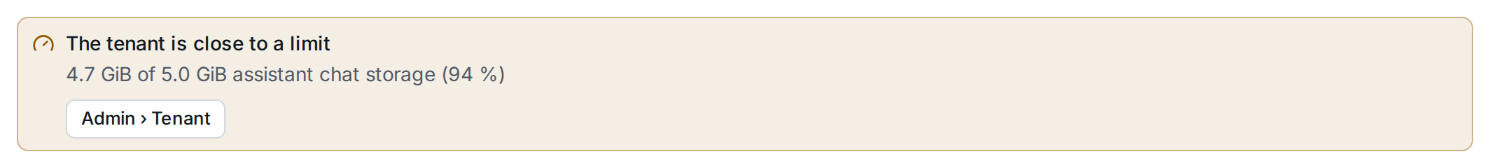 The usage banner above the agents list: assistant chat storage at 94 %, with a link to Admin › Tenant