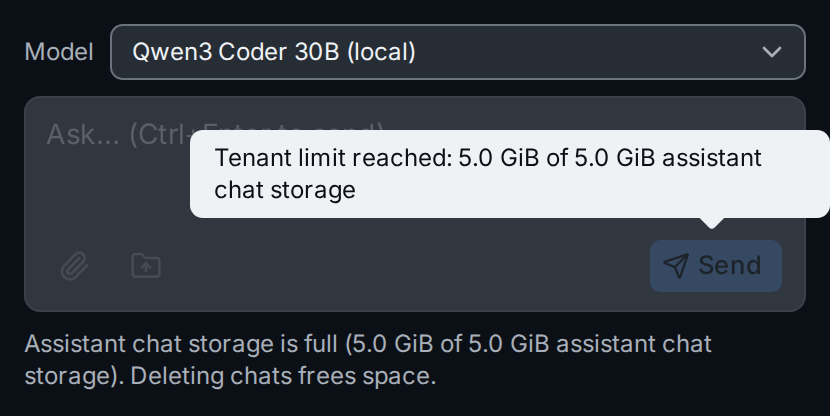 The assistant with full chat storage: Send and the uploads are disabled, the tooltip names the limit and its usage