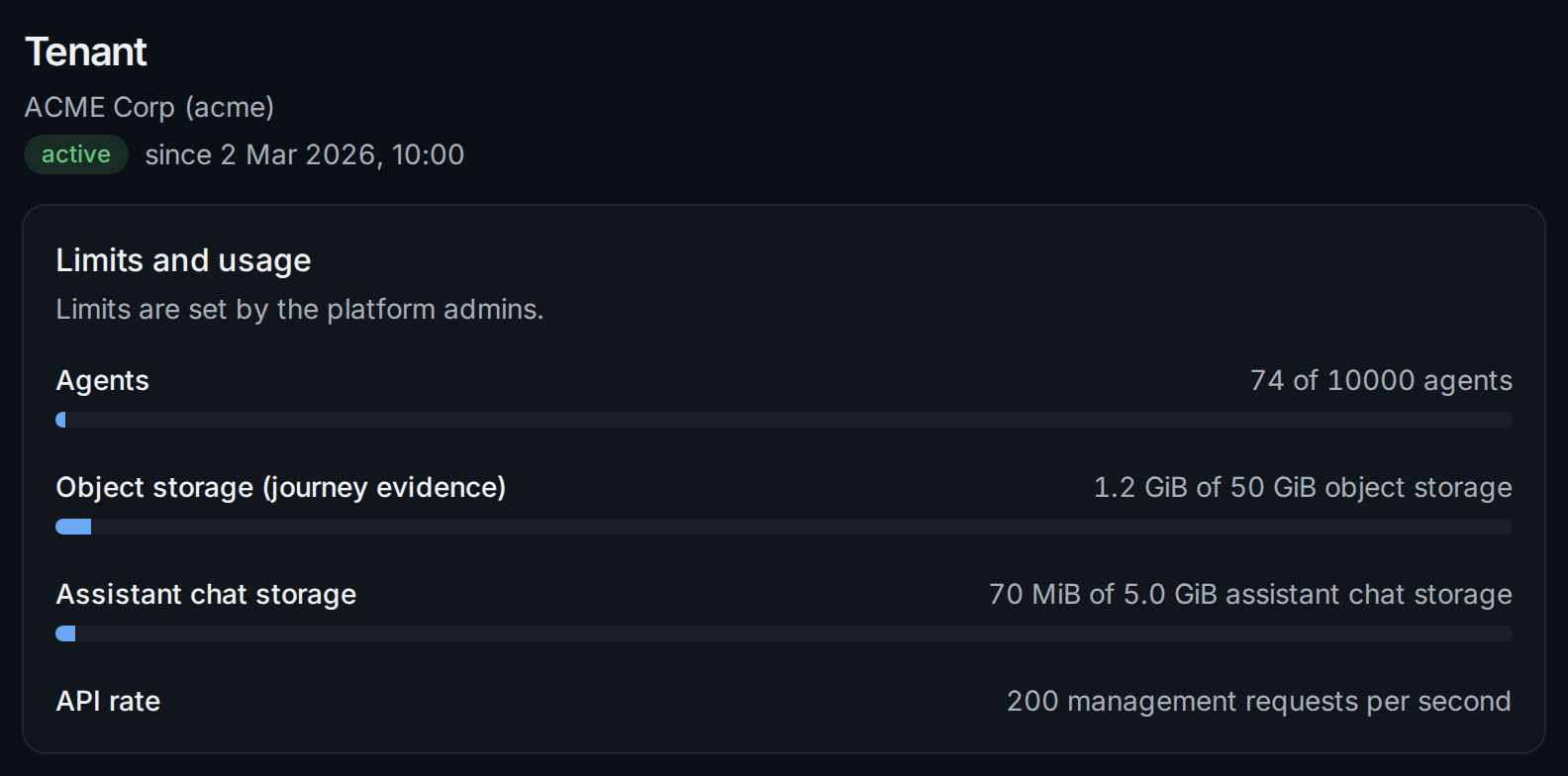 Admin › Tenant: the limits for agents, object storage, assistant chat storage and the API rate, with their usage