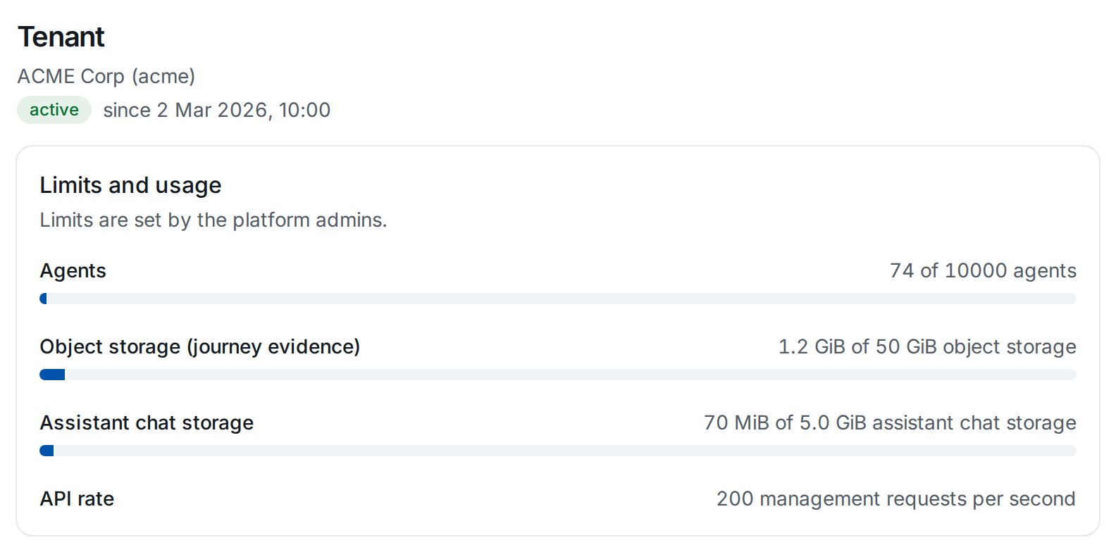 Admin › Tenant: the limits for agents, object storage, assistant chat storage and the API rate, with their usage
