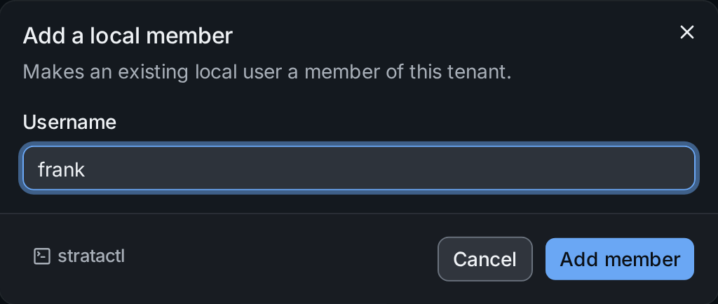 The Add a local member dialog with a username