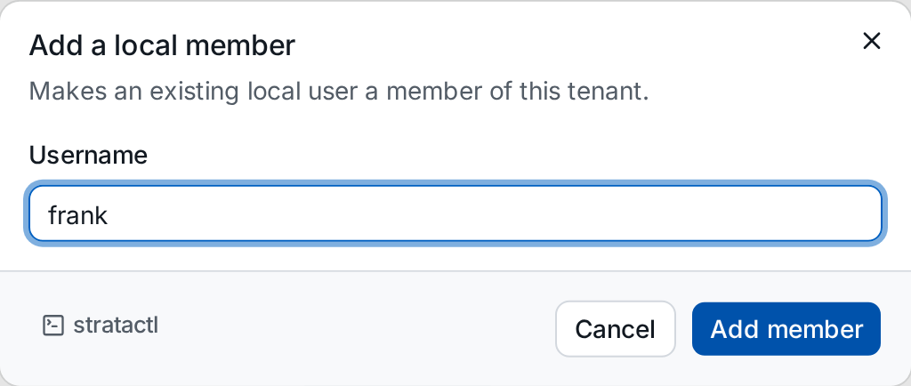 The Add a local member dialog with a username