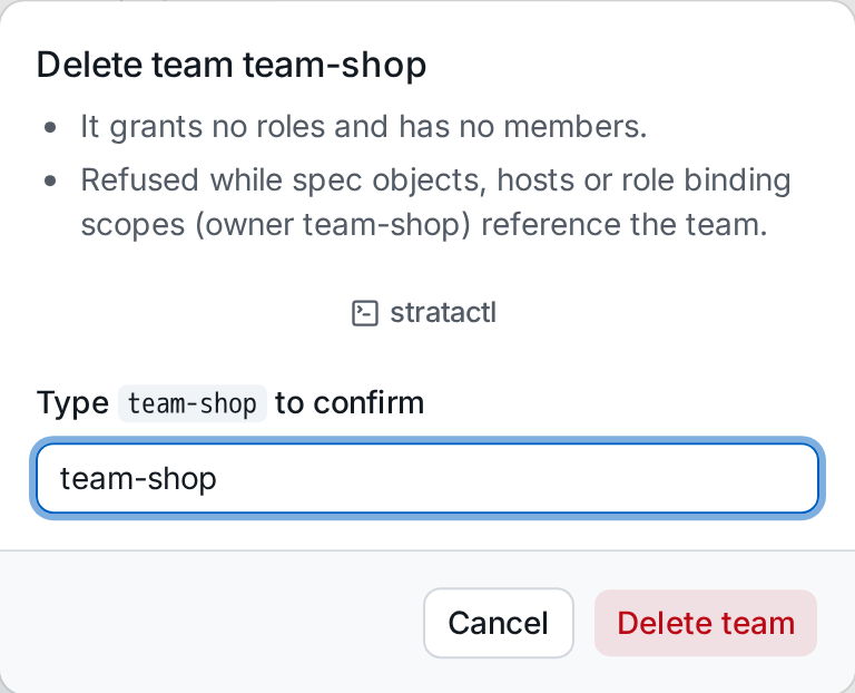 Deleting the team team-shop: the consequences and the field for typing its name