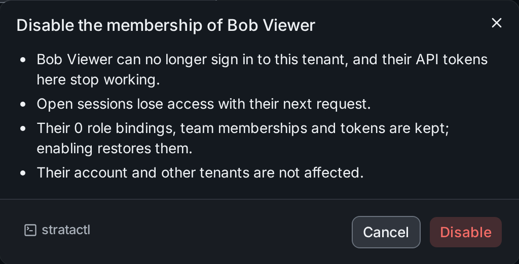 The confirmation of disabling the membership of Bob Viewer, with its consequences