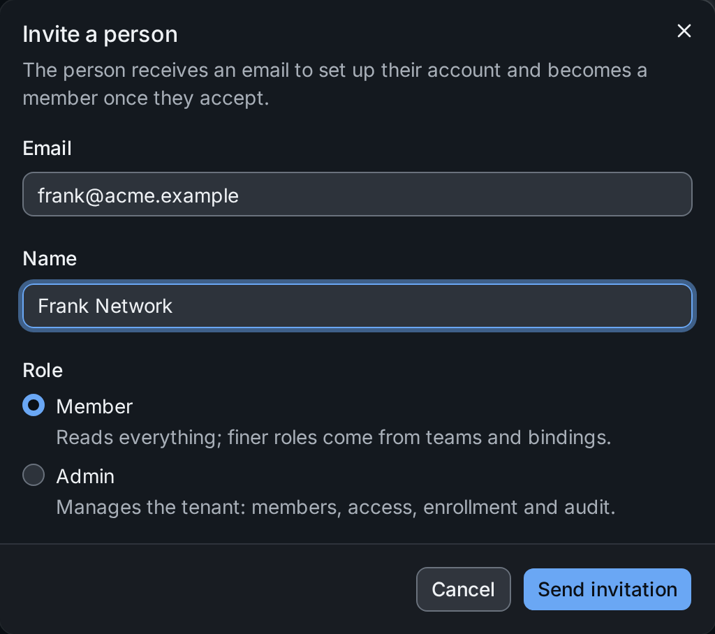 The Invite a person dialog with email, name and the role Member or Admin