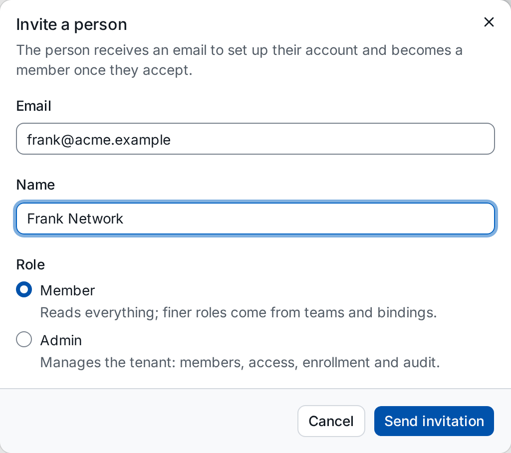 The Invite a person dialog with email, name and the role Member or Admin